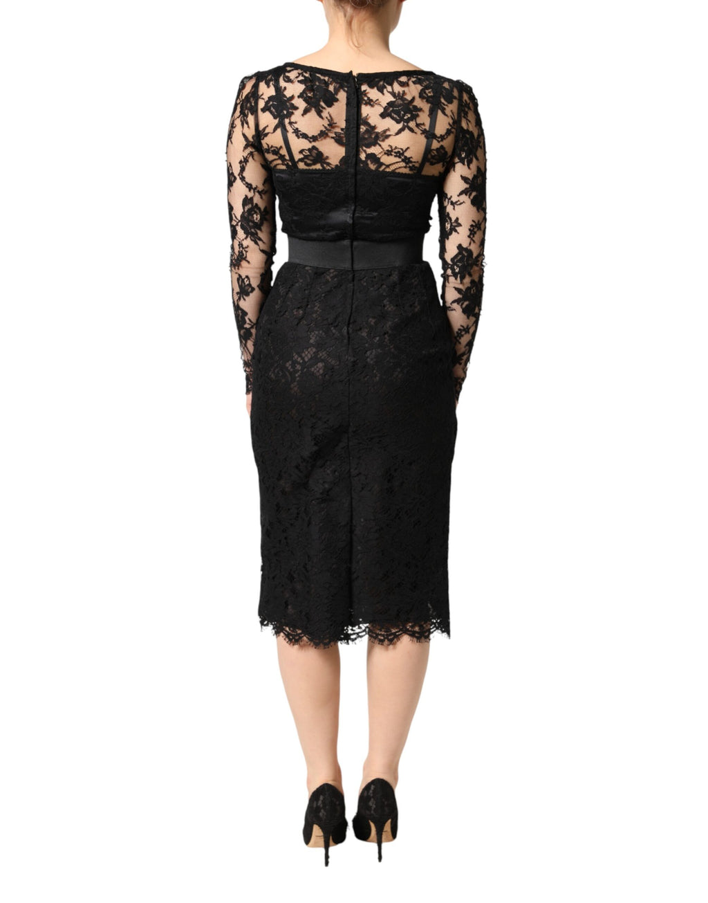 Schwarzes Midi-Bleistiftkleid aus Baumwolle mit Spitzeneinsätzen