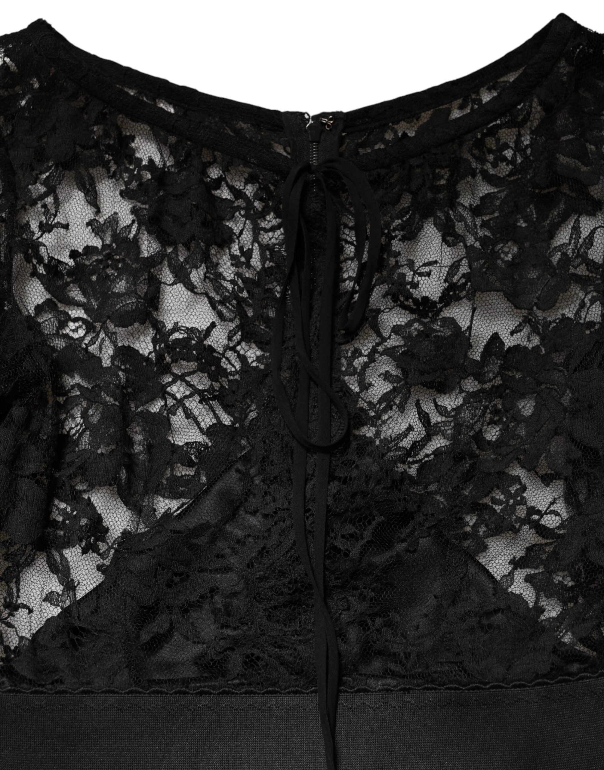 Schwarzes Midi-Bleistiftkleid aus Baumwolle mit Spitzeneinsätzen