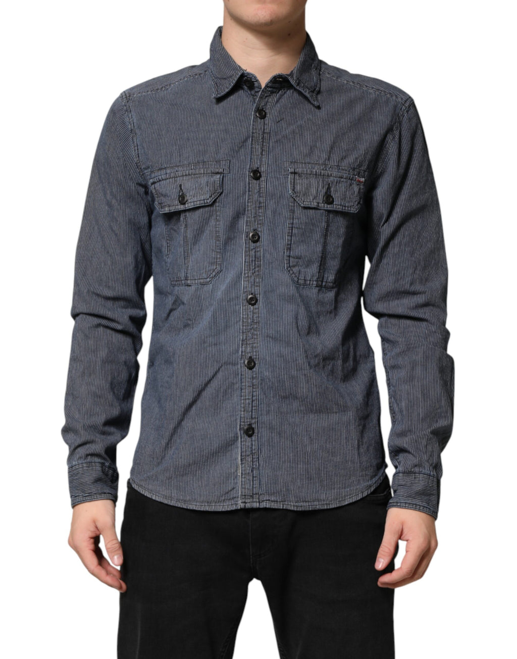 Camicia da Uomo di Jeans a Maniche Lunghe con Bottoni Blu Bianco
