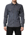 Camicia da Uomo di Jeans a Maniche Lunghe con Bottoni Blu Bianco
