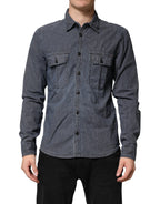 Camicia da Uomo di Jeans a Maniche Lunghe con Bottoni Blu Bianco