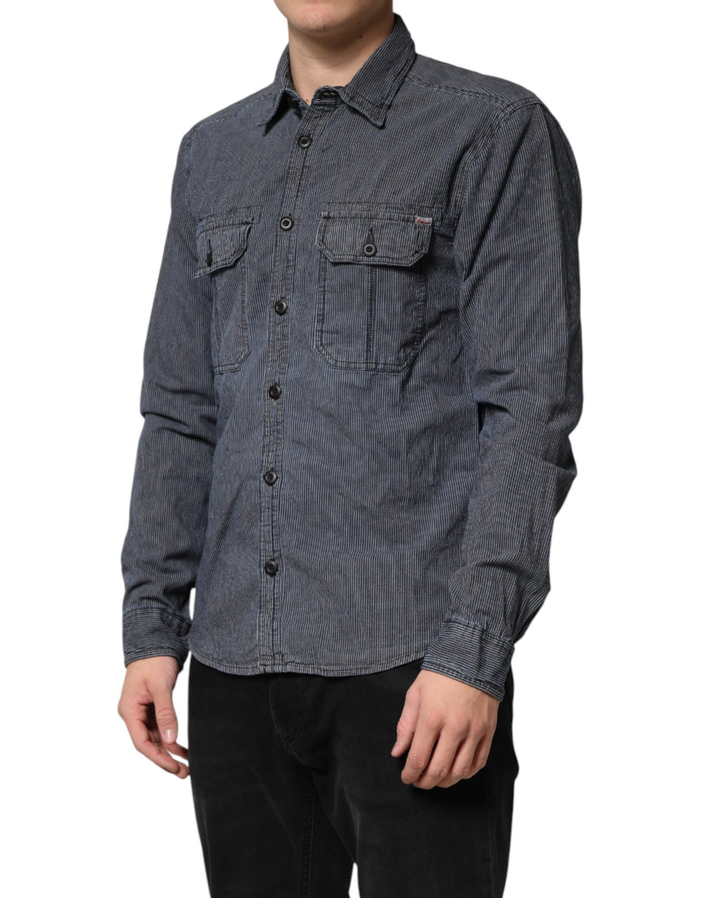 Camicia da Uomo di Jeans a Maniche Lunghe con Bottoni Blu Bianco