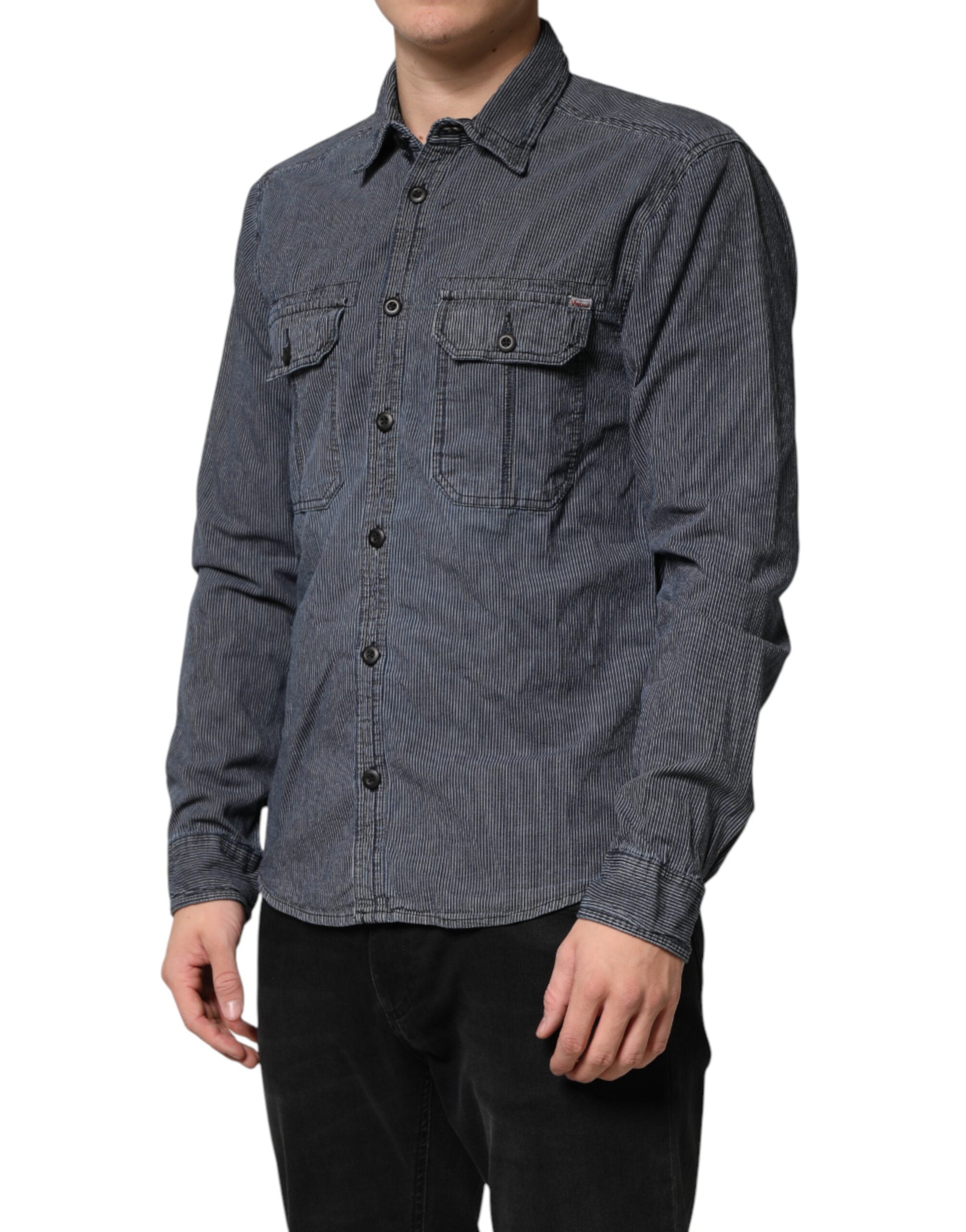 Camicia da Uomo di Jeans a Maniche Lunghe con Bottoni Blu Bianco