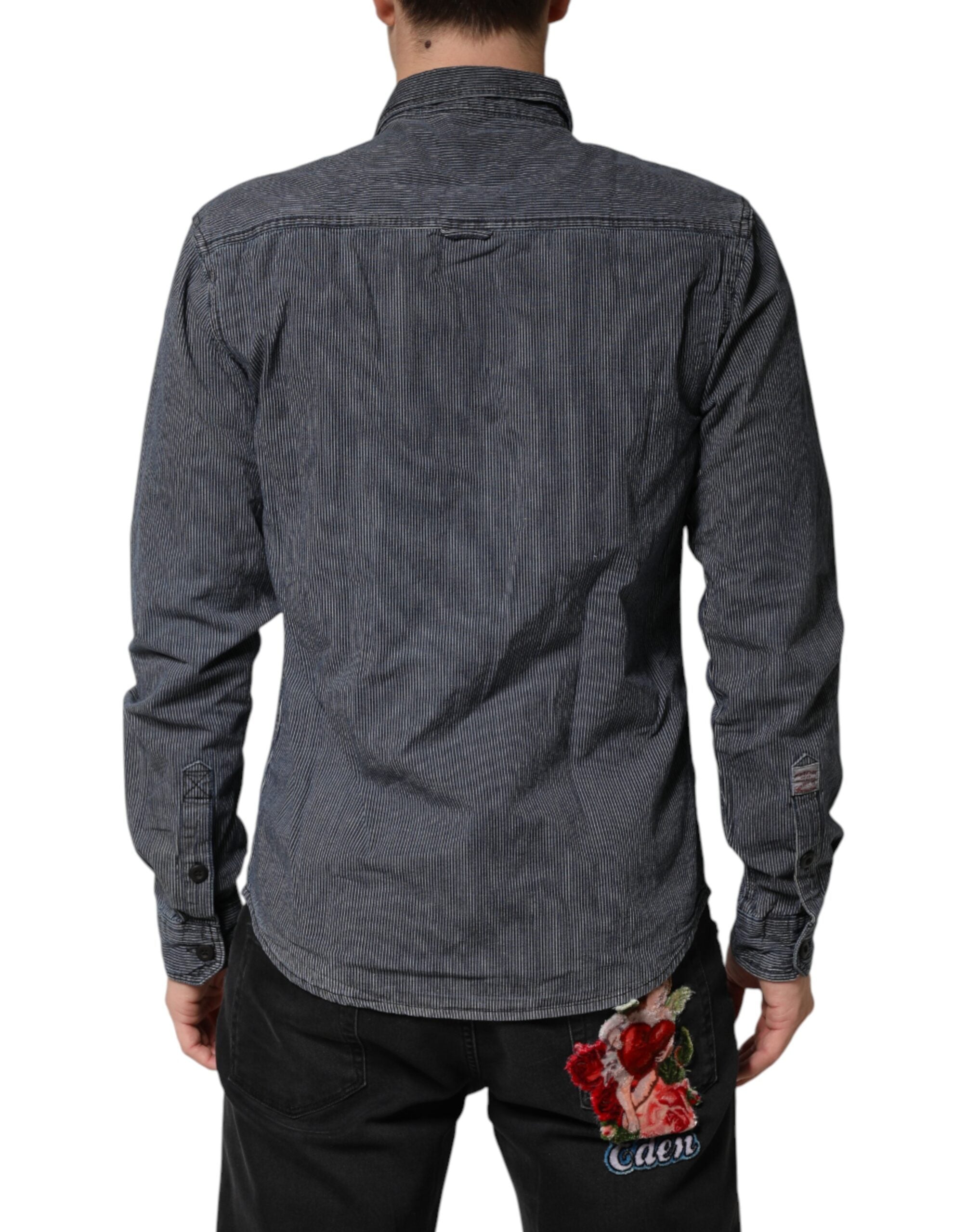 Camicia da Uomo di Jeans a Maniche Lunghe con Bottoni Blu Bianco