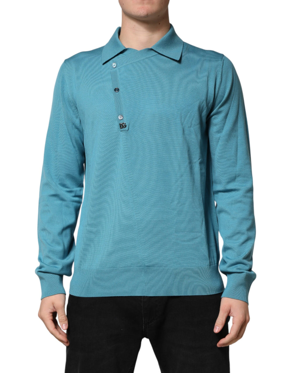 Petrolfarbener Woll-Polopullover mit Kragen
