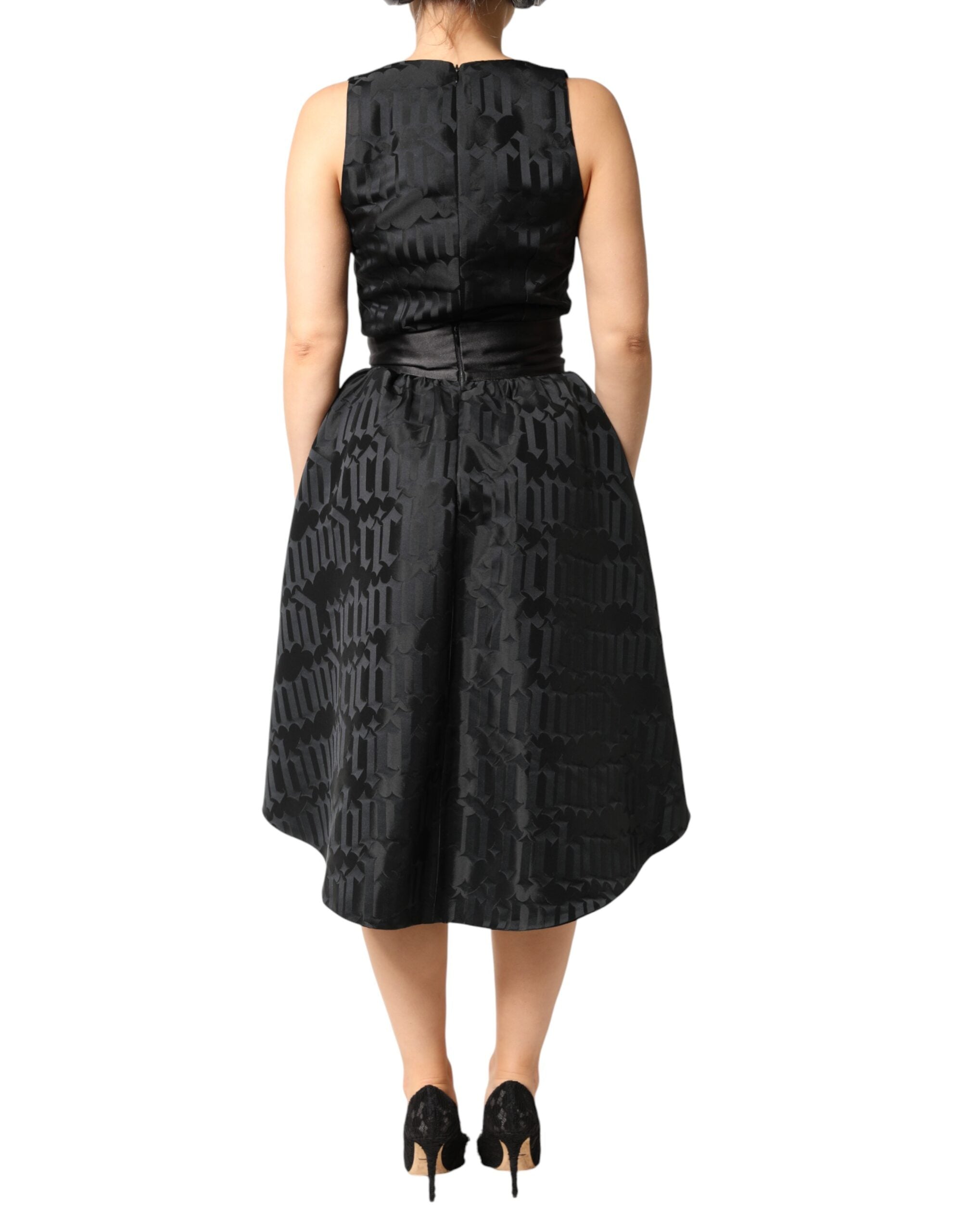 Schwarzes, ärmelloses 2-teiliges Kleid aus Jacquard mit tiefem V-Ausschnitt