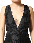 Schwarzes, ärmelloses 2-teiliges Kleid aus Jacquard mit tiefem V-Ausschnitt