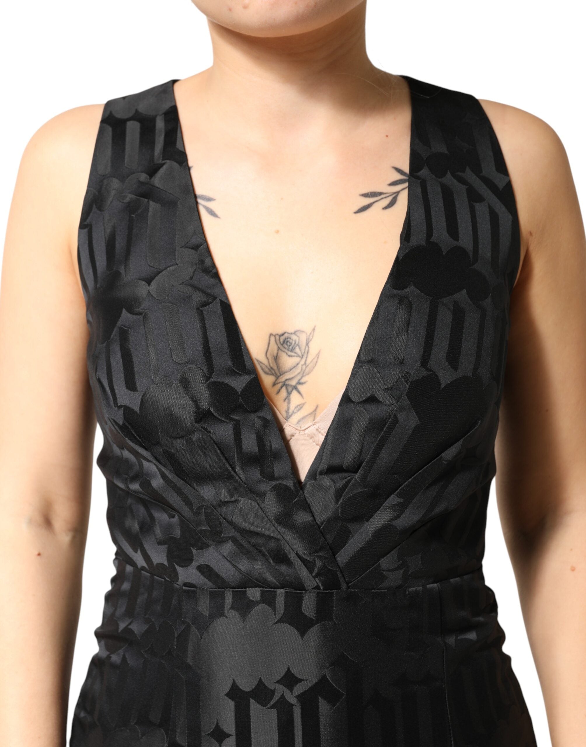 Schwarzes, ärmelloses 2-teiliges Kleid aus Jacquard mit tiefem V-Ausschnitt
