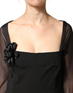 Black Sheer Yoke Rosette Sheath Midi Dress