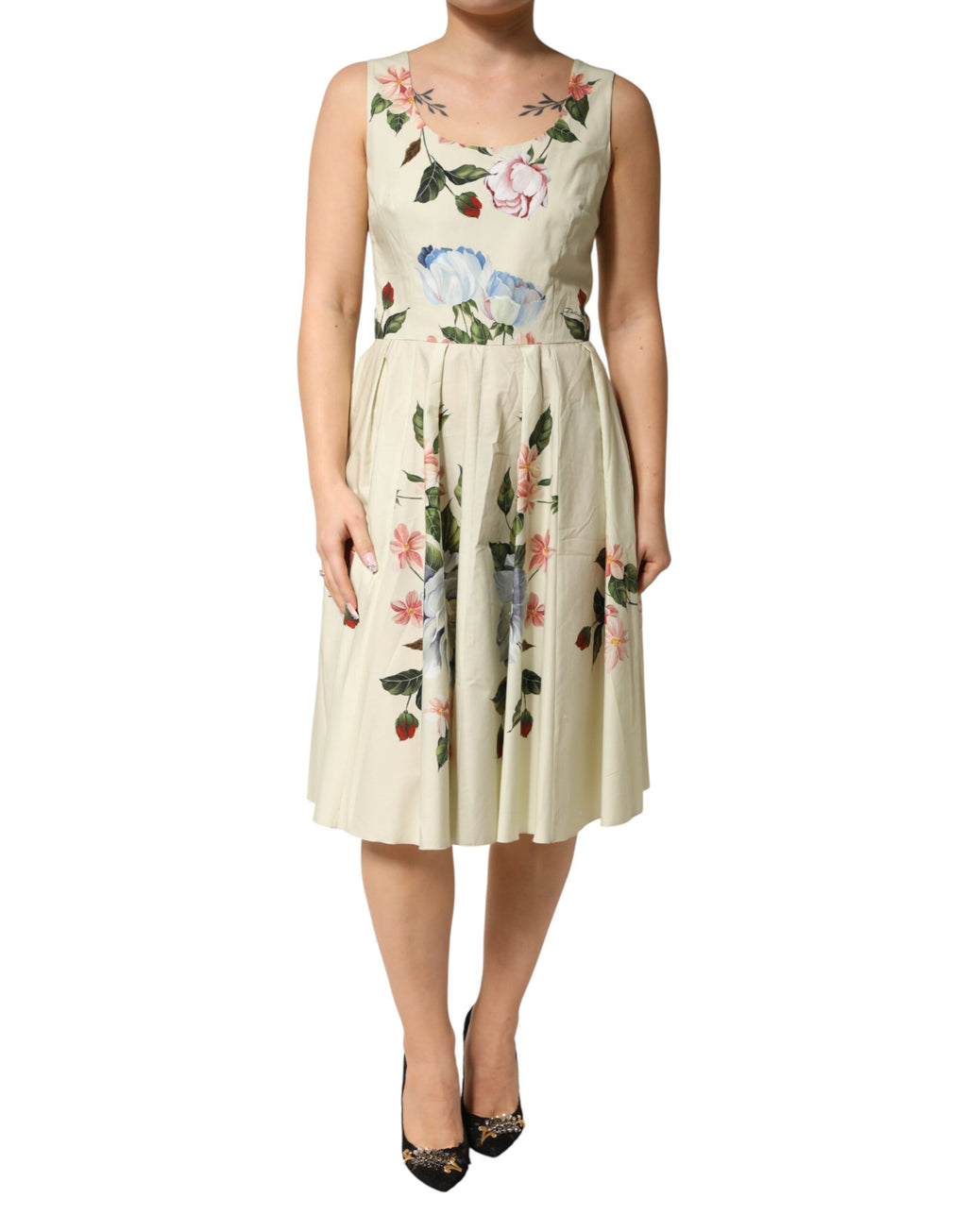 Beiges ärmelloses A-Linien-Kleid mit Blumenmuster