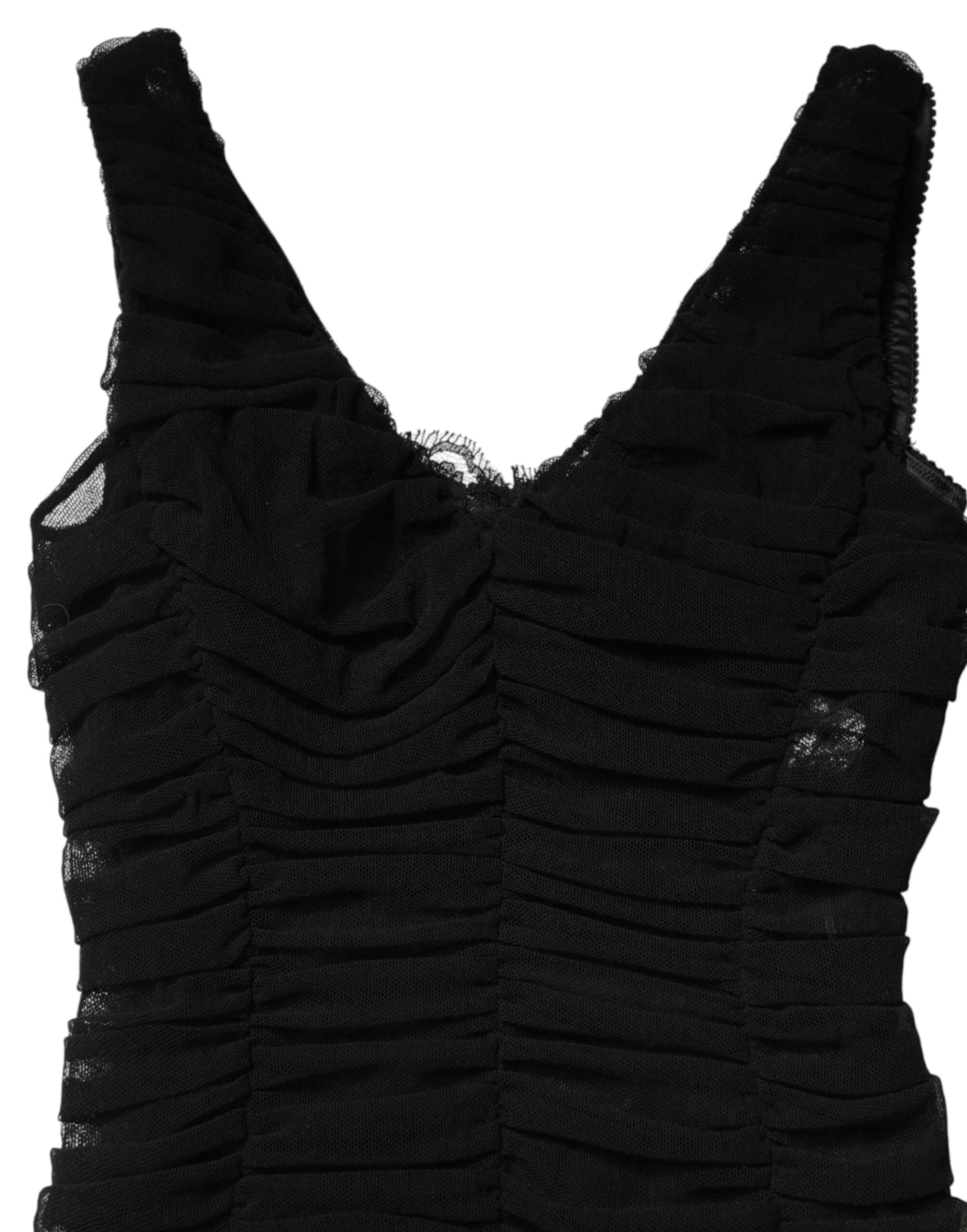 Schwarzes V-Ausschnitt Midikleid mit Raffungen und Spitzenborte