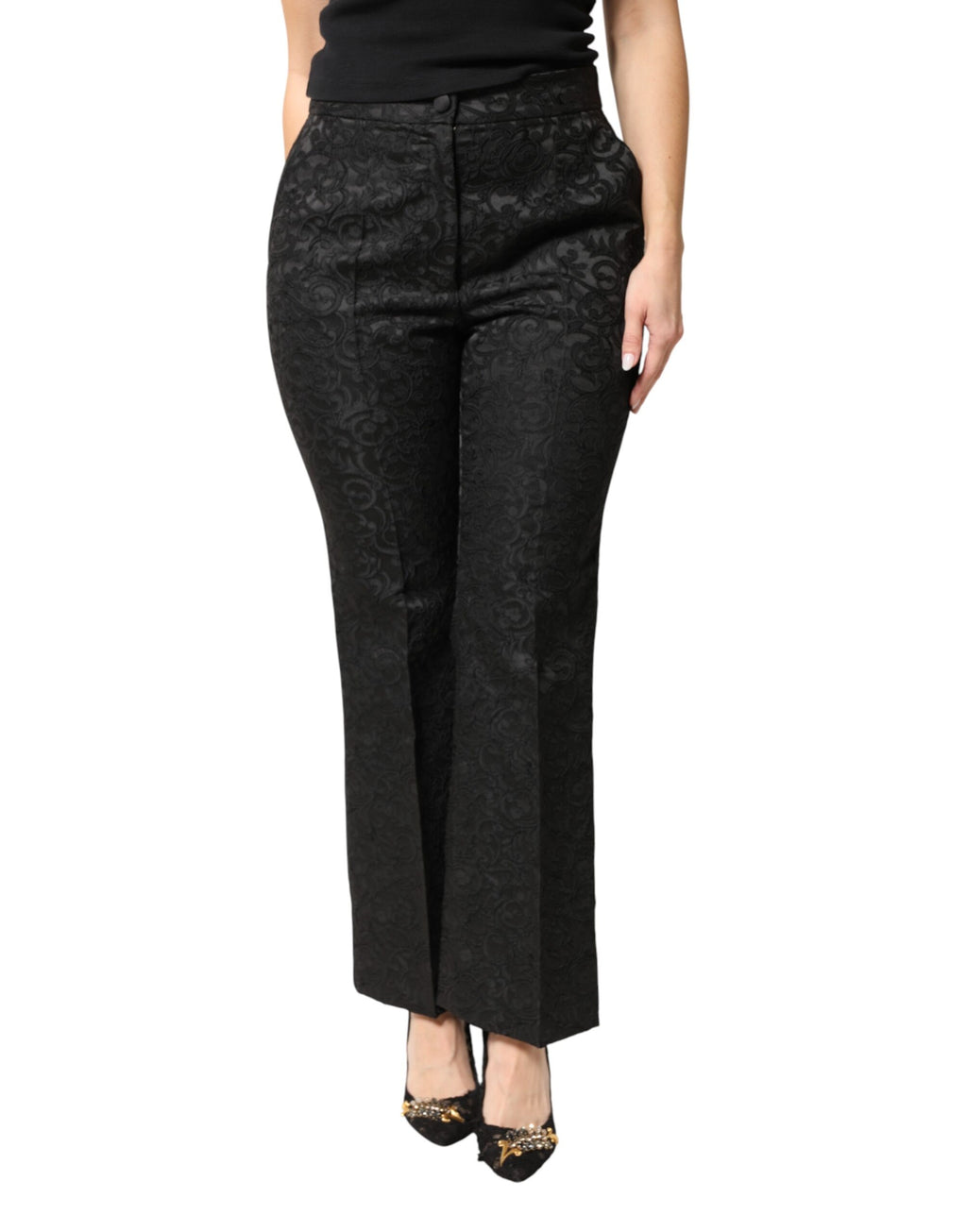 Hose mit hohem Bund aus schwarzem Blumenbrokat