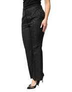 Hose mit hohem Bund aus schwarzem Blumenbrokat