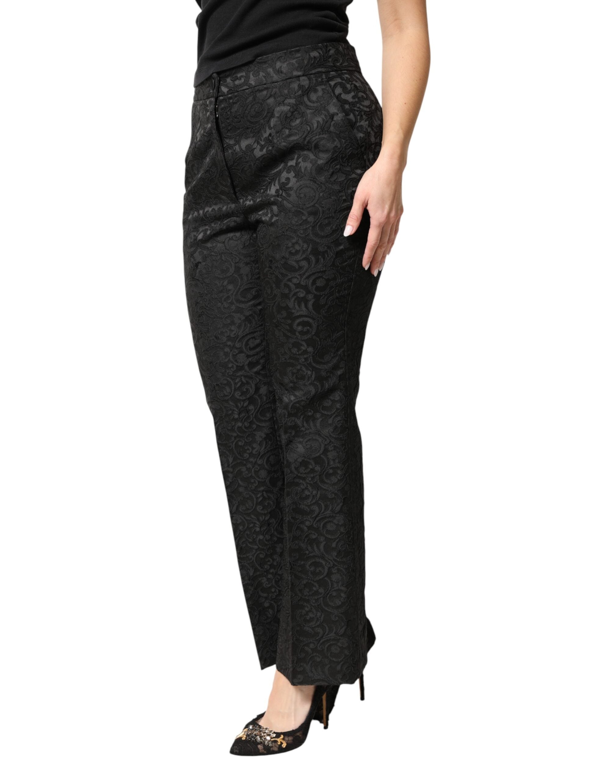 Hose mit hohem Bund aus schwarzem Blumenbrokat