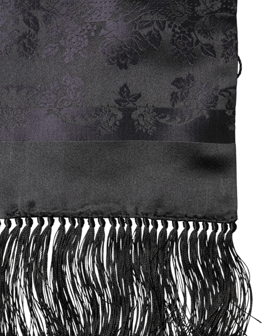 Black Satin Silk Fringed Neck Foulard Scarf