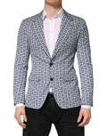 Blauer gemusterter Einreiher-Blazer aus Baumwolle