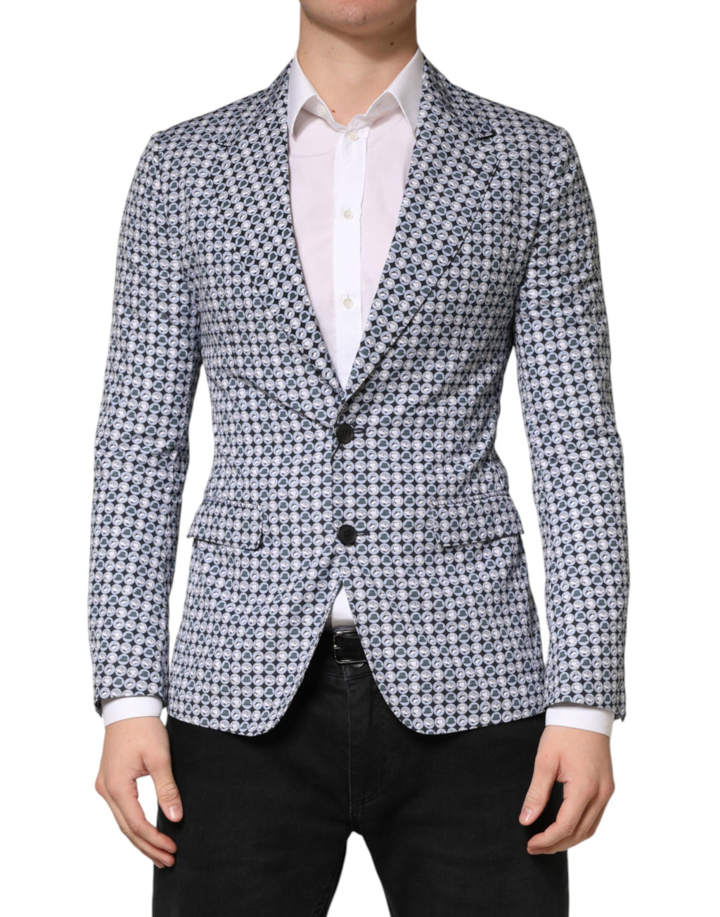 Blauer gemusterter Einreiher-Blazer aus Baumwolle
