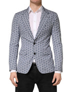 Blauer gemusterter Einreiher-Blazer aus Baumwolle