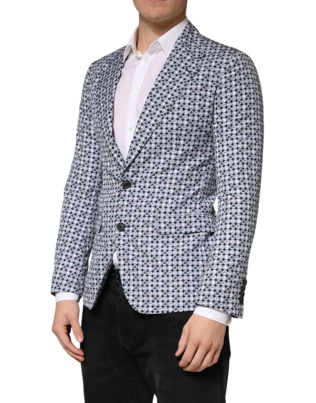 Blauer gemusterter Einreiher-Blazer aus Baumwolle