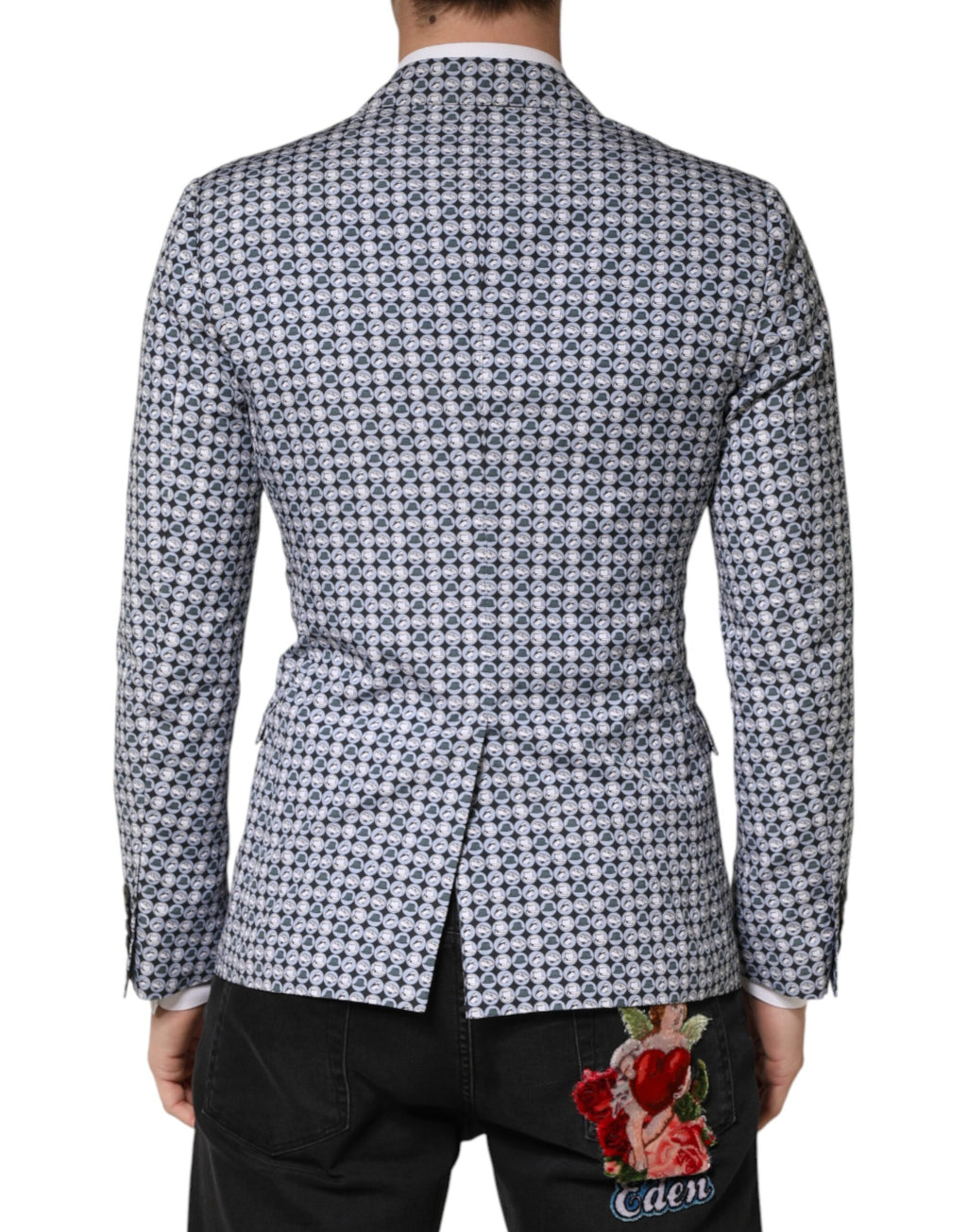 Blauer gemusterter Einreiher-Blazer aus Baumwolle
