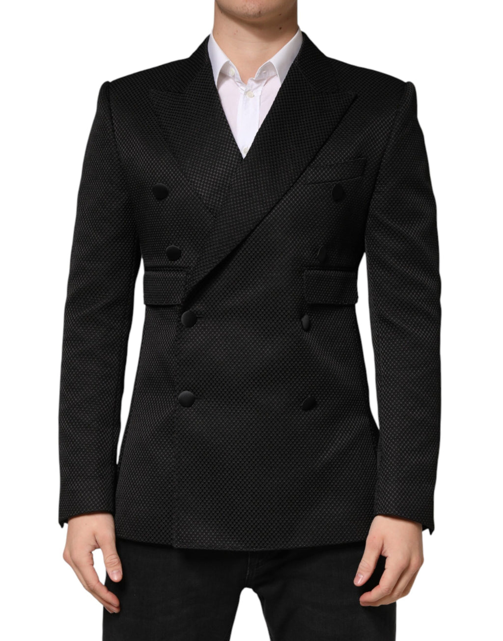 Black Cotton Double-Breasted Two-Button Blazer