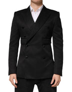 Black Cotton Double-Breasted Two-Button Blazer