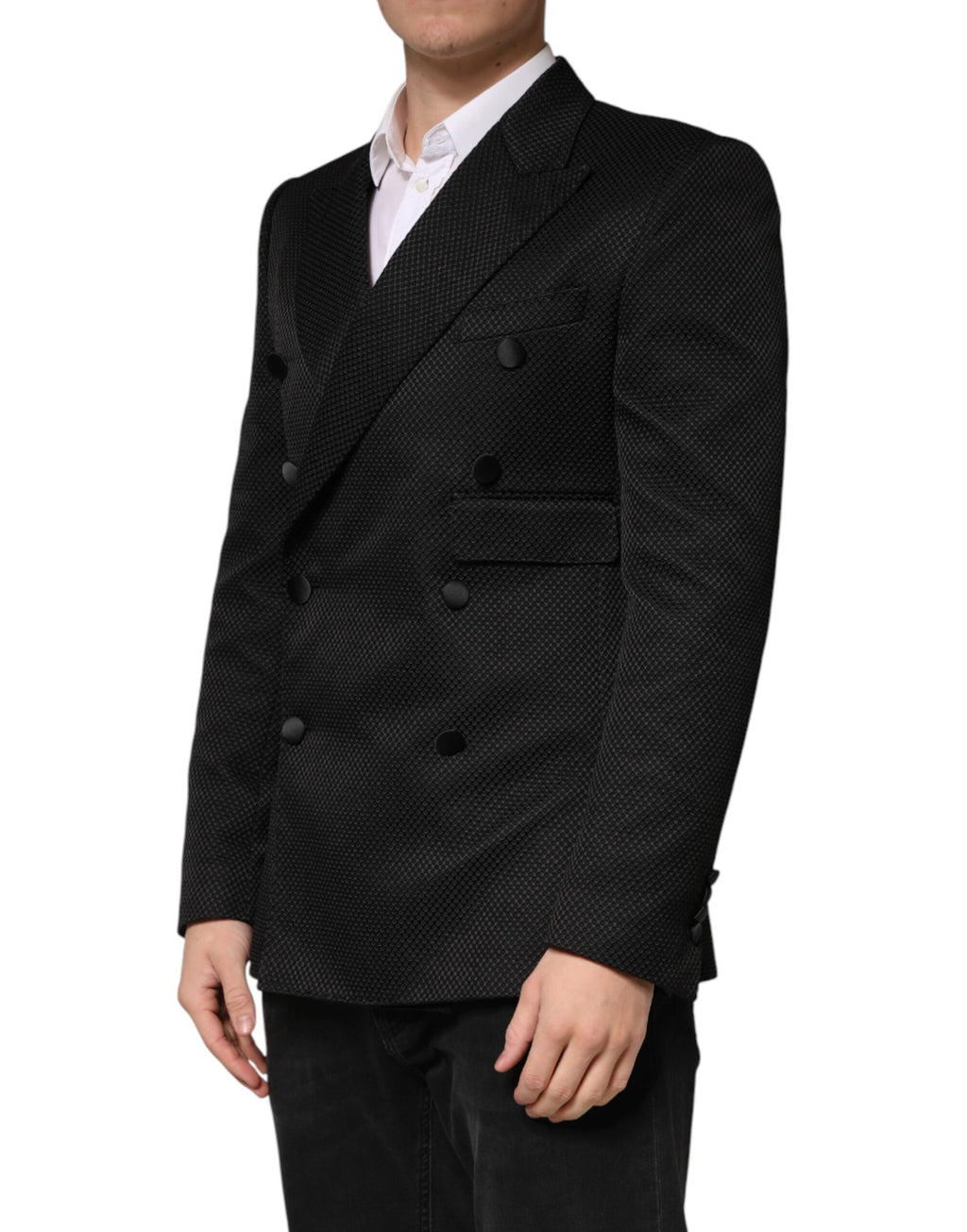 Black Cotton Double-Breasted Two-Button Blazer