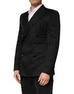 Black Cotton Double-Breasted Two-Button Blazer