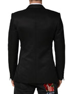 Black Cotton Double-Breasted Two-Button Blazer
